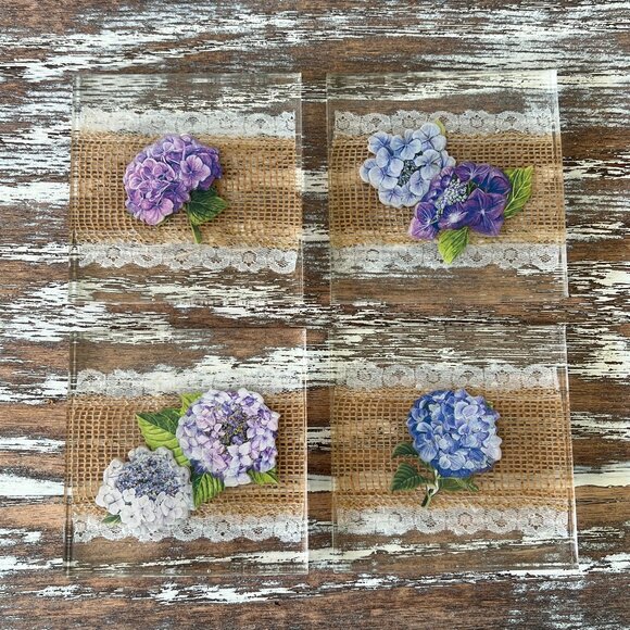 Hydrangeas and Burlap Resin Drink Coasters Set of 4 House Kitchen Table Gift - Picture 1 of 8